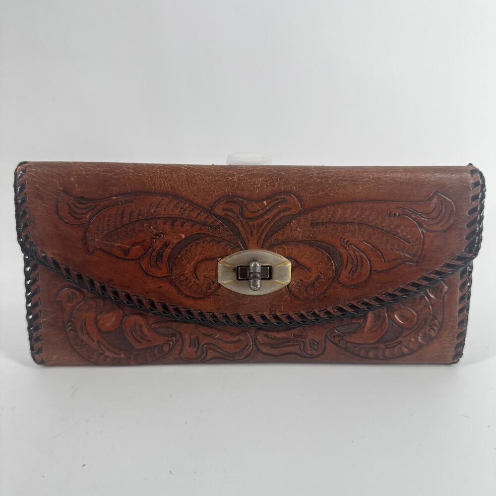 Vtg Western Wallet Handmade Tooled Leather Brown Floral